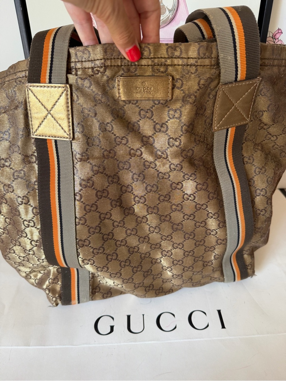 GUCCI Vintage Crystal Coated Canvas GG Logo Web Tote Bag - Picture 5 of 16